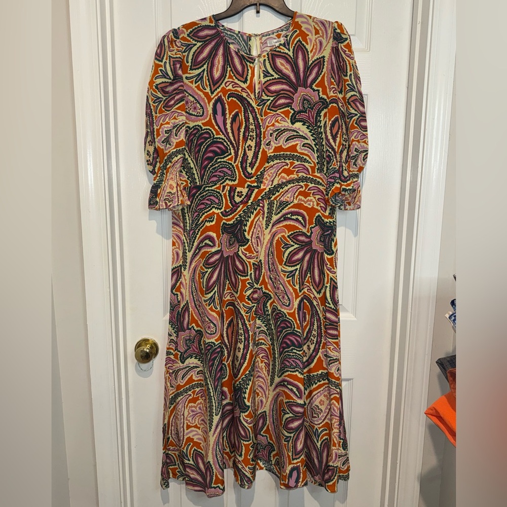 Tyler Boe Multicolor Paisley Long Sleeve 100% Silk Dress. Size XL. NWT